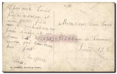 Dwa dzieci przed zasnieżonym oknem — Wesołych Świąt 1915 — M. Cheinic, Wydawca, Paryż — Rewers