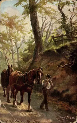 Homem conduzindo dois cavalos em uma floresta — ilustração de Harry Payne — editor Ollette & Cie, Paris