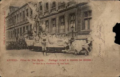Bilhete postal antigo Antuérpia Festas de Van Dyck Cortejo A arte ao longo dos séculos o carrossel da glorificação de Van Dyck