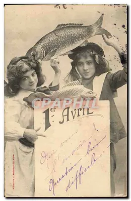 Duas jovens mulheres com um peixe — 1º de Abril — editor A. BERNARD & Cie, Lyon