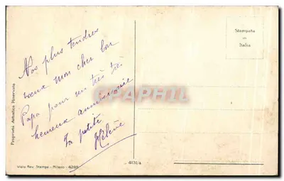 Arranjo de gerânios — em um vaso decorado — editor Visto Rev. Stampa - Milano — Verso