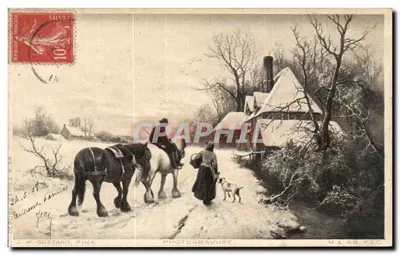 Vila nevada — Dois cavalos e uma mulher com um cachorro — J. W. Gozzard, Pink. Fotogravura. M & A.B. FEC.