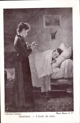 Mulher administrando óleo de rícino a uma criança doente — Coleção Gaduase — Foto Braun & Cie
