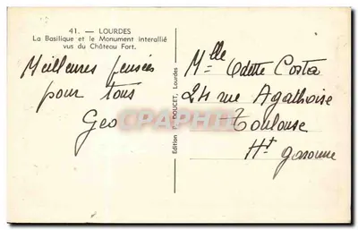 Lourdes — Widok na Bazylikę i Pomnik Interallijski z Zamku Fort na tle gór — wydawnictwo P. DOUCET, Lourdes — Rewers