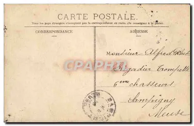 Mulher sob cerejeiras em flor — poema sobre os muguetes — editor J.K. (verso: endereço para Alfred Théret, Sampigny, Meuse) — Verso