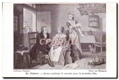 Jenner pratica a vacina pela primeira vez — Gravado por Manigaud — Ed. Hamman
