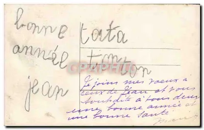 Mała dziewczynka w stroju dziecięcym — dekor kwiatowy i tekst 'Bonne Année' — wydawca T. CAR — Rewers