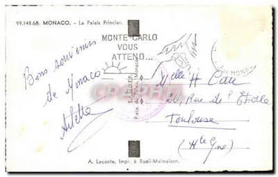Pałac Królewski w Monako — Monte-Carlo — A. Laconte, Drukarnia w Rueil-Malmaison, nr 99.148.68 — Rewers