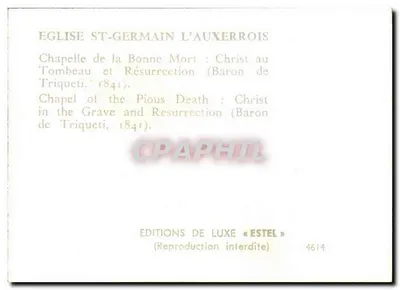 Iglesia de San Germain-l'Auxerrois — Capilla de la Buena Muerte: Cristo en el Sepulcro y Resurrección (Barón de Triqueti, 1841) — Ediciones de Lujo « Estel » n° 4614 — Reverso
