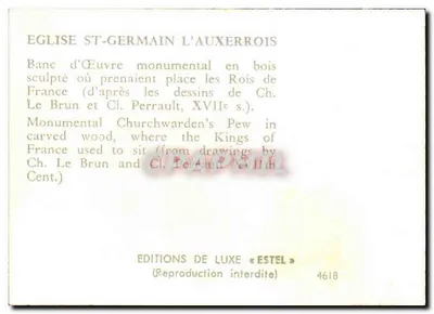 Église Saint-Germain-l'Auxerrois — Banc d'œuvre monumental en bois sculpté — Éditions de Luxe « Estel » n° 4618 — Verso