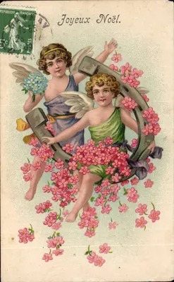 Dois anjos em um círculo floral — Feliz Natal — República Francesa, 5c