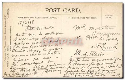 Ovelhas em um paisagem montanhosa — carta postal Artéistique n°1692, editada pela Inter-Leaf Co., London — Verso