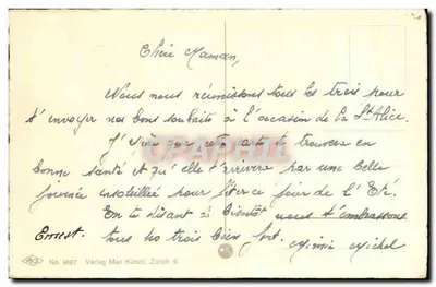 Arranjo de dahlias — Boa Festa — Antonie Müller, No 9187, Verlag Max Künzli, Zürich — Verso