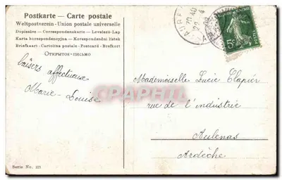 Młoda dziewczyna w czapce z falbankami — seria 121 — Karta pocztowa Uniwersalna Poczta — Rewers