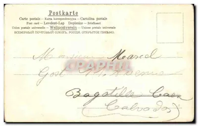 Deux jeunes filles en tenue d'hiver — scène de jardin avec lapin — éditeur Union postale universelle, Russie — Verso