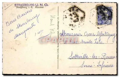 Katedra Najświętszej Maryi Panny w Strasburgu — widok z przodu — wydawca STRASBOURG U.N.O. — Rewers