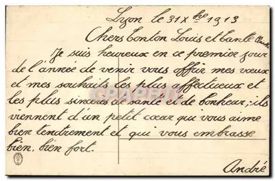 Scena zimowa — dwoje dzieci obok farmy — tekst 'Bonne année' — wydawca i numer serii nieczytelne — Rewers