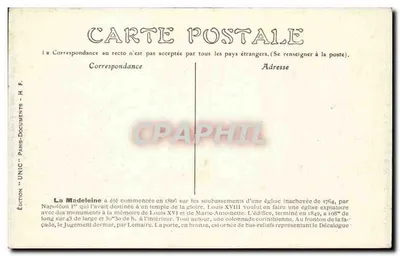 París (8e Arr.) — La Madeleine — Edición 'UNIC' n°62 — Reverso