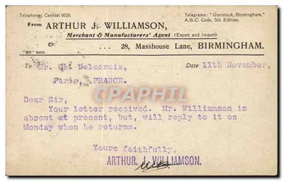 Birmingham — carta postal comercial — Arthur J. Williamson, agente exportador — Verso