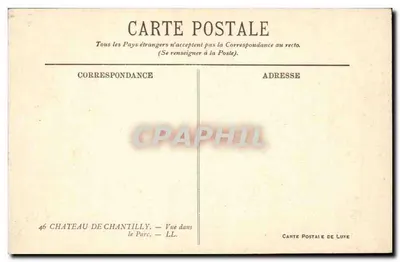 Castillo de Chantilly — Vista en el Parque — Tarjeta postal antigua — Reverso