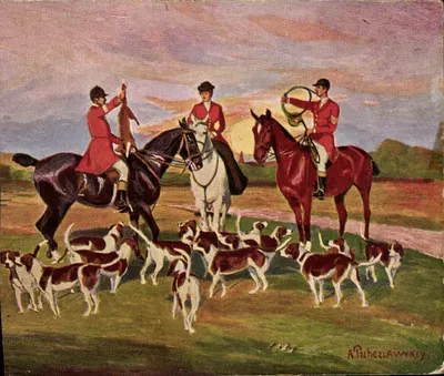 Caça à cavalo — cavaleiros trajados de vermelho e cães — A. Puhezlawski