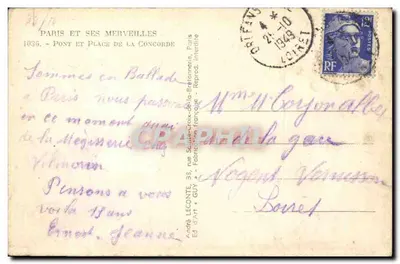 Ponte da Concórdia — Praça da Concórdia — Editor André LECONTE, n°1036 — Verso