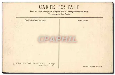 Zamek w Chantilly — Jeziora Comelle — Karta pocztowa luksusowa — Rewers