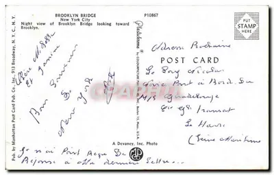 Brooklyn Bridge — widok nocny w kierunku Brooklyn — Wyd. Manhattan Post Card Pub. Co., Inc. — Rewers