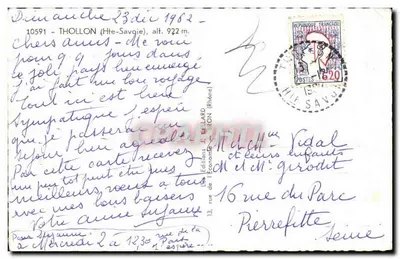 Thollon — vista da cidade, lago, montanhas e esquiadores — Edições J. Le Llard, Thollon — Verso