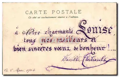 Arranjo de flores em um cesto — Eu trago sorte — Carta postal datada de 1904 — Verso