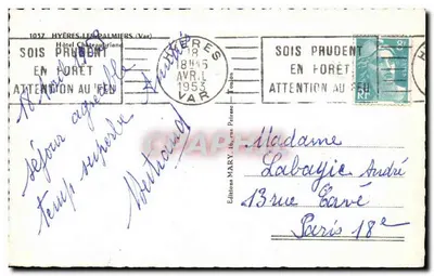 Hotel Châteaubriand — Hyères-les-Palmiers (Var) — Edições MARY, n°1037 — Verso
