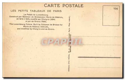 O Palácio do Luxemburgo — Paris — Éditions d'Art Mona, n°106 — Verso