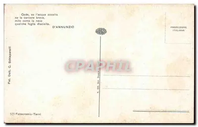 Paisagem de rio e montanhas nevadas — Cade, su l'acqua accolta ne la carcere breve, mite come la neve qualche foglia disciolta. — D'Annunzio — Fotocromia-Terni n°521 — Verso