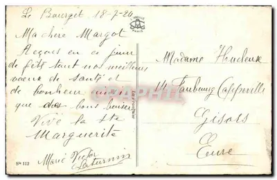 Ptak i kwiaty — Szczęśliwego dnia — Święta Margareta — wydawca La Belle Paris, nr 112 — Rewers