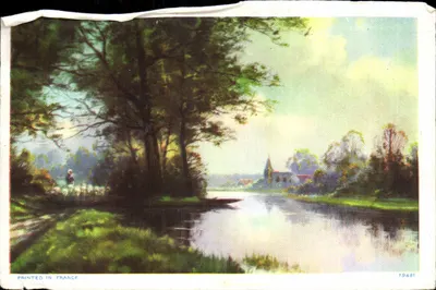 Flusslandschaft mit Kirche — gedruckt in Frankreich — Seriennummer 19481