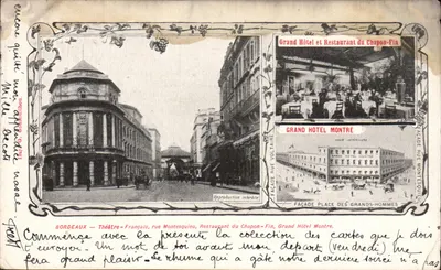 Bilhete postal antigo Teatro Francês da Rue Montesquieu, Restaurante do Chapon, Bordeaux