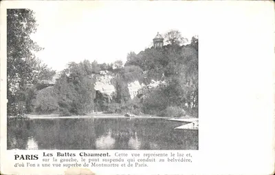 Les Buttes Chaumont — vista do lago e do ponte suspensa — editor não identificado