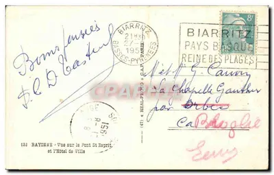 Bayonne - Vista do Ponte Saint-Esprit e do Hotel de Ville — editor C.A.P. n°123 — Verso