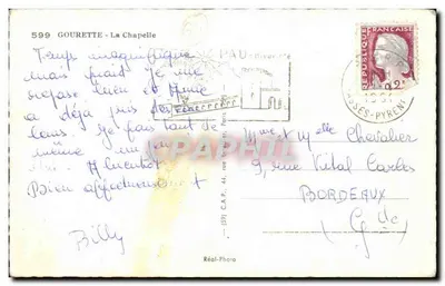 Gourette - La Chapelle — zimowa sceneria z kaplicą i statuą — Réal-Photo n°599 — Rewers