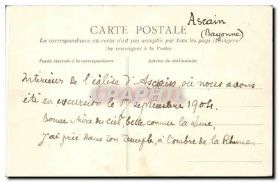 Interior da igreja de Ascain — Bayonne — Carta postal n°40 — Verso