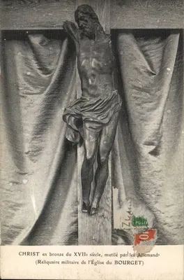 Cristo em bronze do século XVII — mutilado pelos alemães — Reliquário militar da Igreja do Bourget