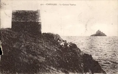 Carolles - La Cabane Vauban — vista do mar e de uma ilha — editor desconhecido, n° 970