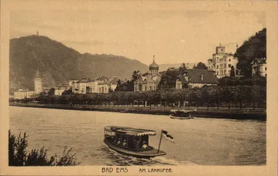 Bad Ems — vista do lago e do castelo — editor: Leipziger Glaser, Leipzig