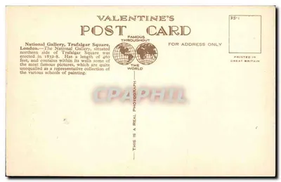 La Galleria Nazionale, Piazza Trafalgar, Londra — Cartolina d'epoca Valentine's n°209375 — Verso