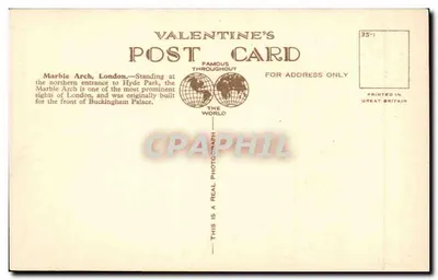 Marble Arch, Londra — vista aerea — Valentine's Postcard n°209388 — Verso