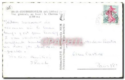 Courségoules — Ogólny widok, w tle: Cheiron (1.778 m.) — Wydawnictwo S.E.P.T. 35, Wyd. Gorbellà - Zakazane wydanie — Rewers