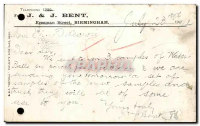 Carta postal de Birmingham — J. & J. Bent — datada 23 de julho de 1901 — selos 2d e 2d — Verso