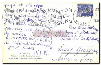 Menton-Garavan — Ogólny widok granicy francusko-italiańskiej — wydawca C.A.P. n°1 — Rewers