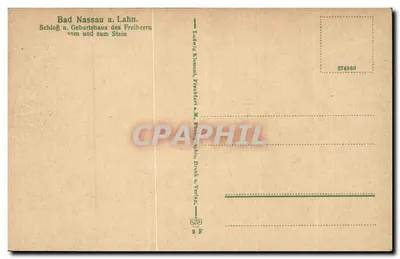 Bad Nassau przy Lahn — Zamek i urodzinowy dom Freiherra von Stein — Ludwig Kühnert, Frankfurt przy M., Druk i Wydawnictwo — Rewers