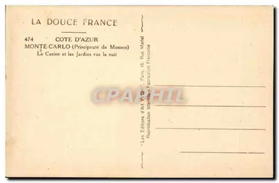 Monte-Carlo — Kasyno i ogrody widziane w nocy — Les Éditions d'Art YON, Paryż — Rewers